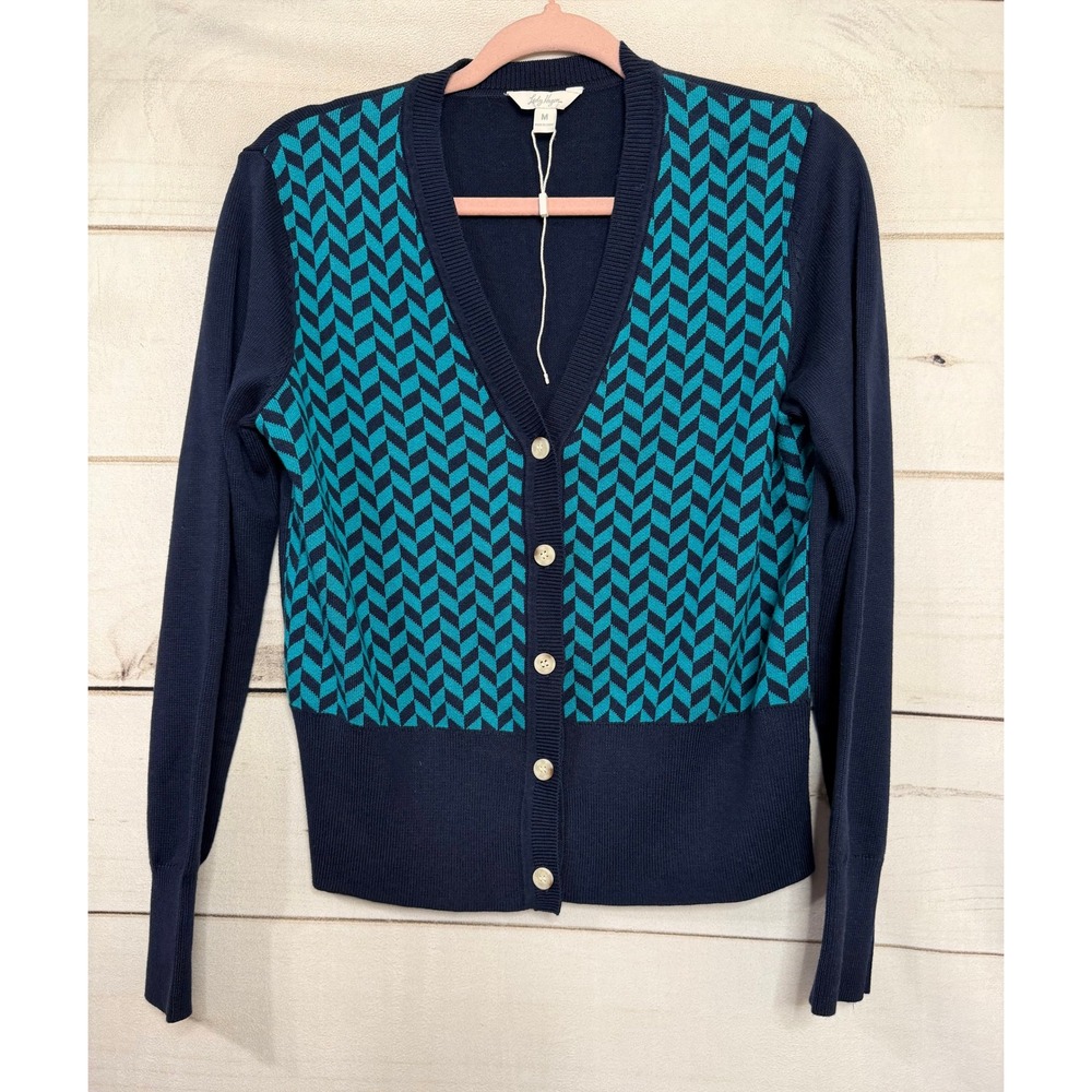 Lady Hagen‎ Women Navy Blue Teal Geometric Knit Button Cardigan Sweater M